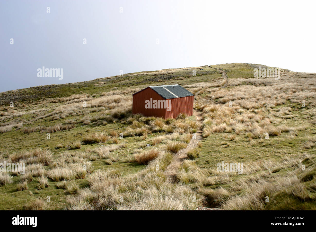 Back country Hut in golden tussock land at Mt Roberts Nelson Lakes National Park South Island New Zealand Stock Photo