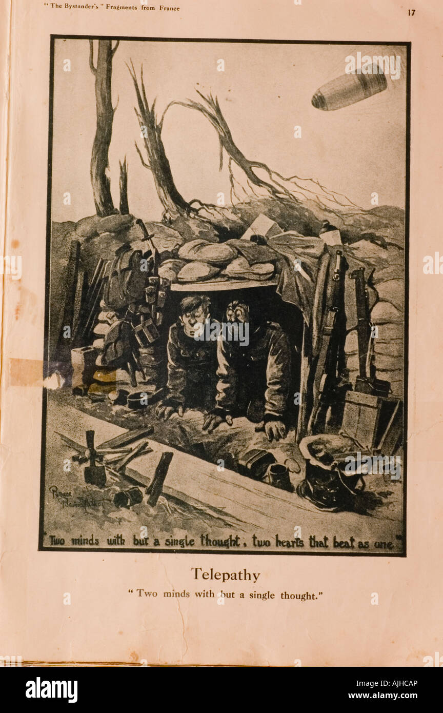 World War One cartoon 2 men facing death in a dugout.  2 minds with one thought caption Stock Photo