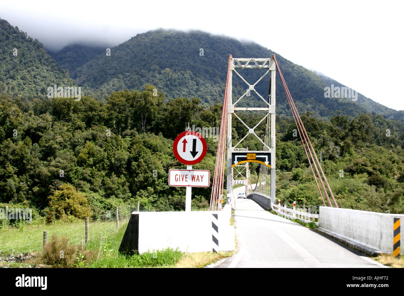 narrow one way bridge for travelling in New Zealand South Island Stock