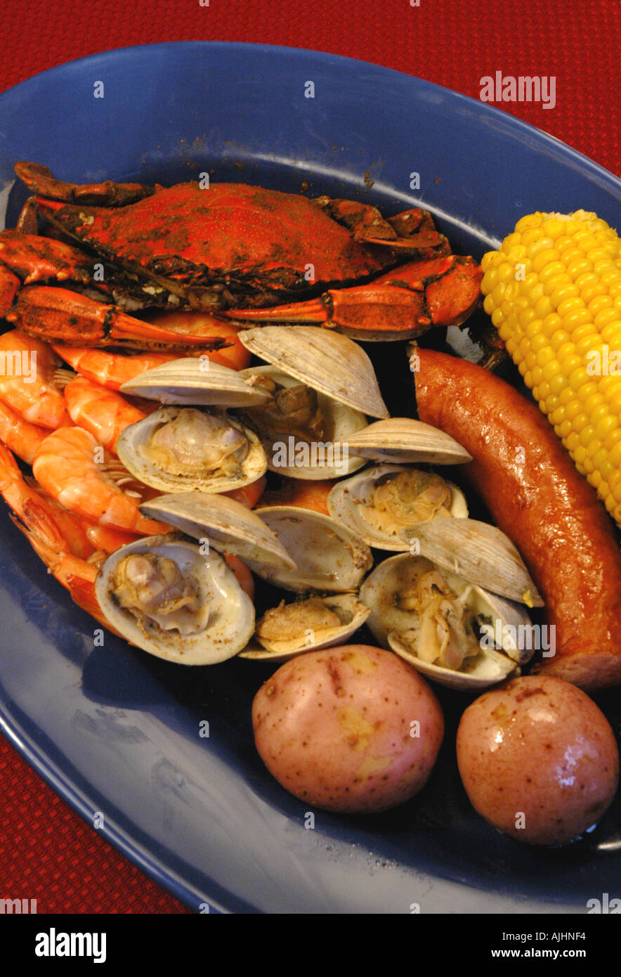 Seafood low country boil cedar key florida fl local cuisine foods Stock