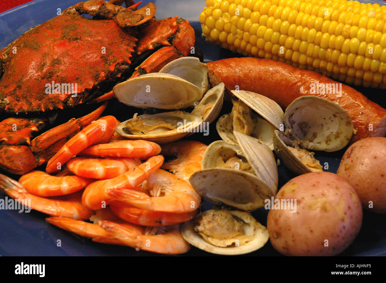 Seafood low country boil cedar key florida fl local cuisine foods Stock