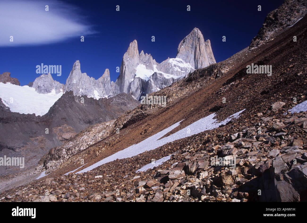 Mt Fitzroy seen from Cerro Madsen, scree slope in foreground, Los Glaciares National Park, Patagonia, Argentina Stock Photo