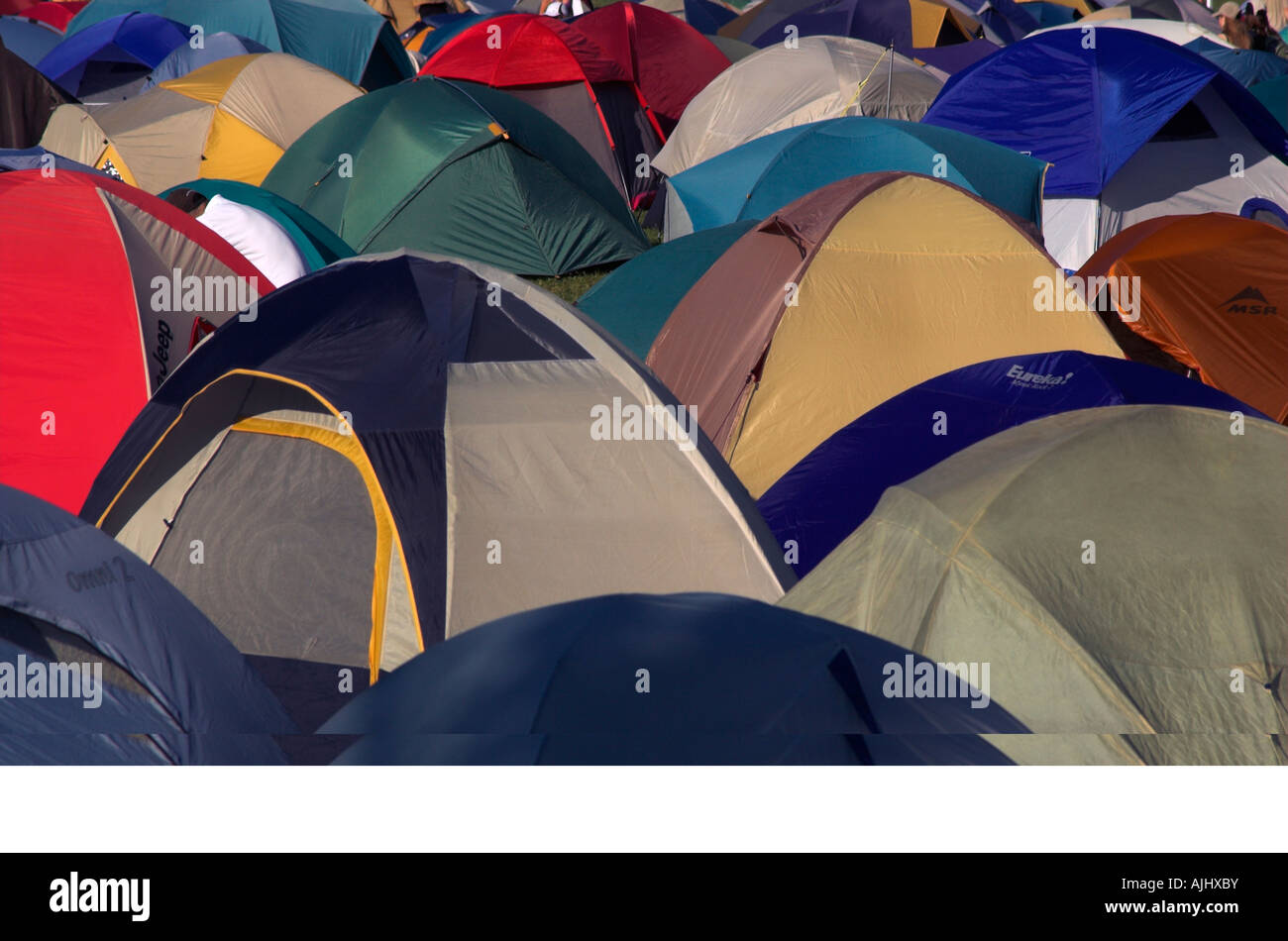 Closely packed tents at a campsite Stock Photo