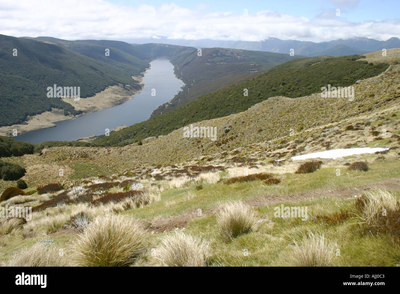 Cobb Reservoir and Valley stunning area from the above South Island New Zealand Stock Photo