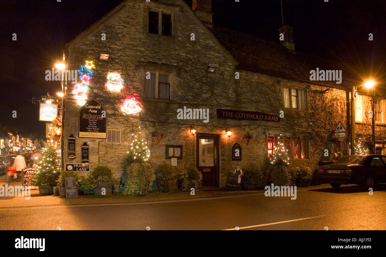 Christmas lights and festive decorations on the Cotswold Arms in