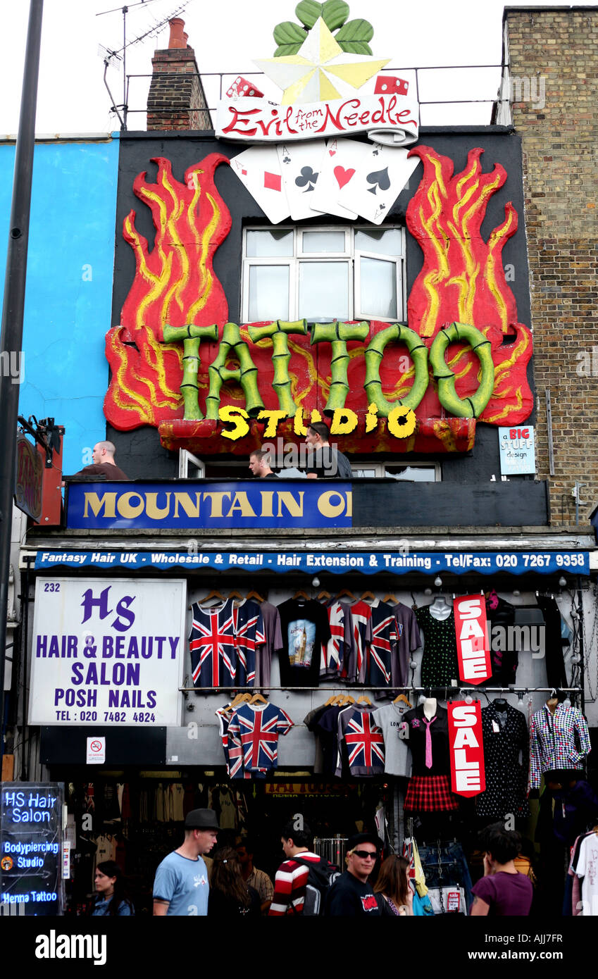 Tattoo studio and shops in Camden High Street London Stock Photo - Alamy