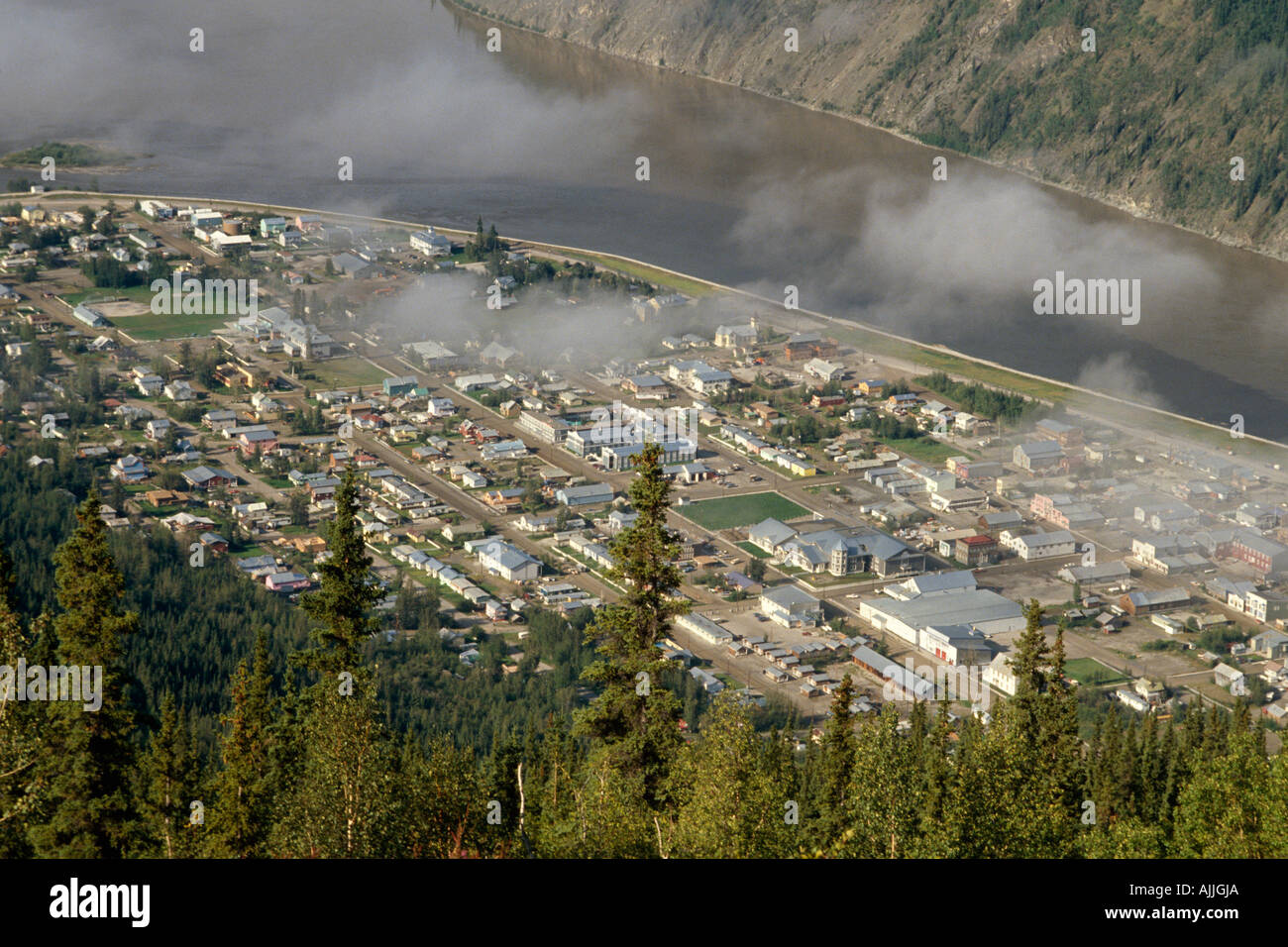 Overview of Dawson City Yukon Territory Canada Summer w Yukon River