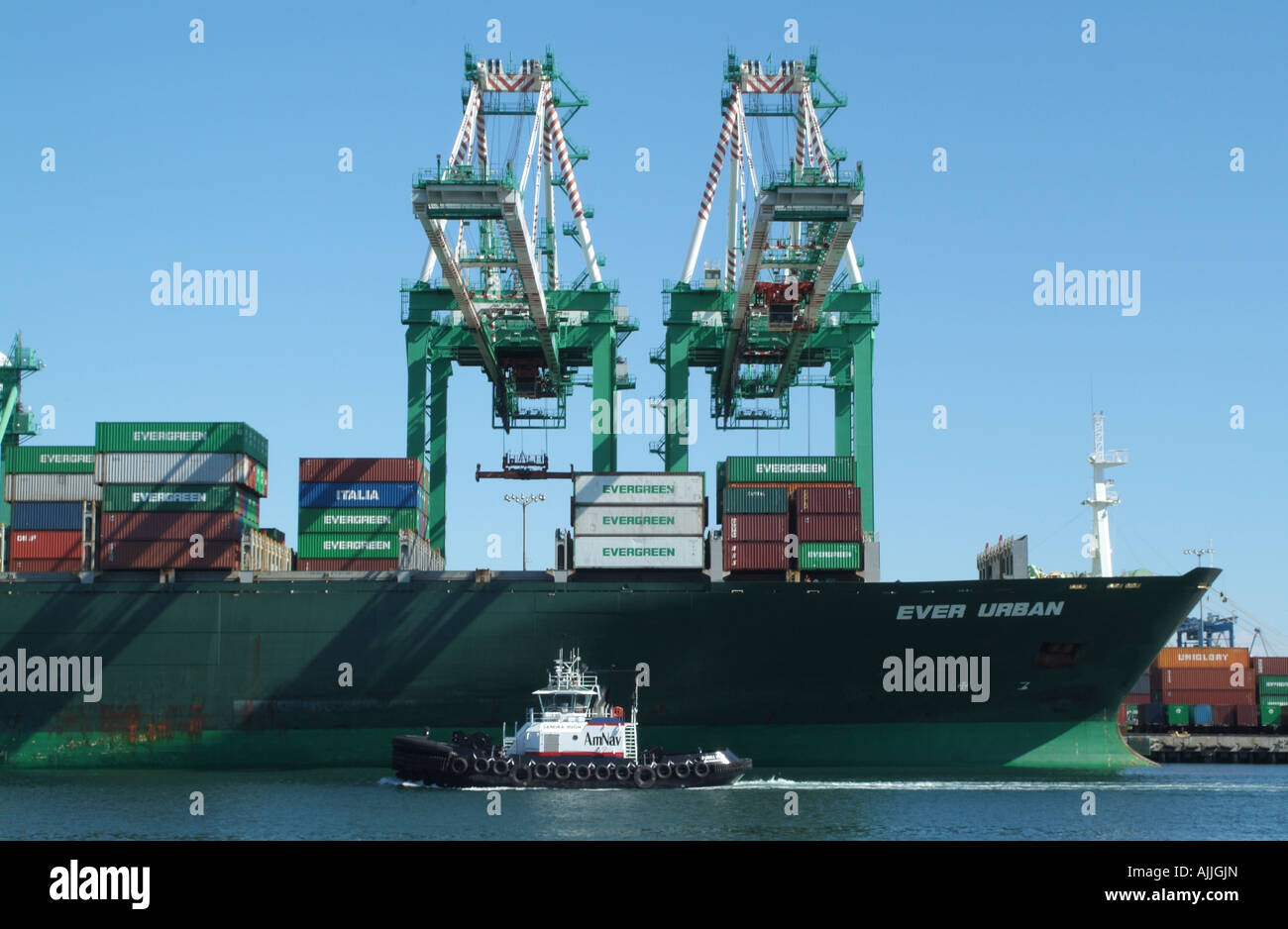 Container Ship Tug and Cranes Port of Los Angeles USA Stock Photo