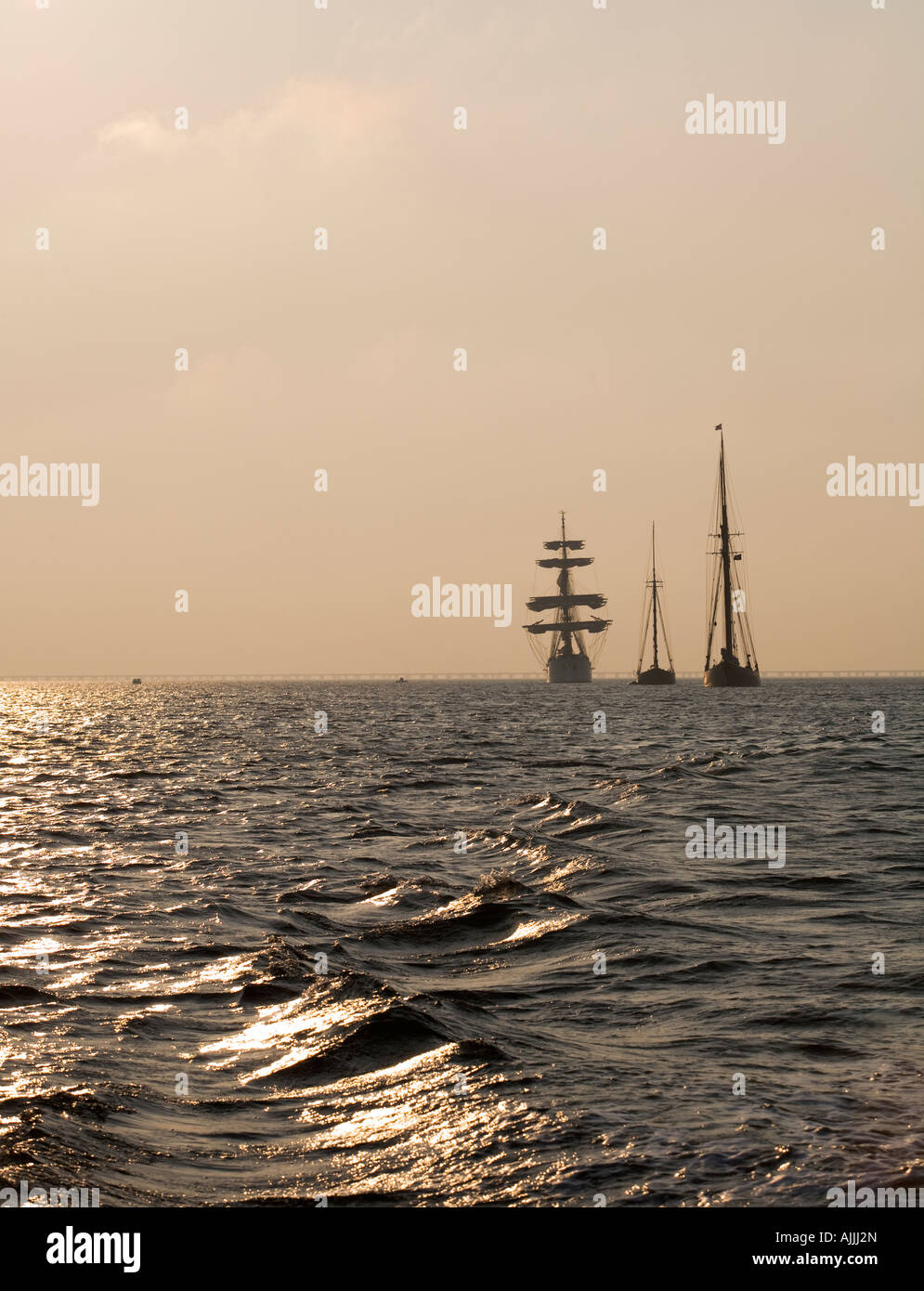 Sailboats on the water at sunrise for Parade of Sails, Chesapeake Bay, Virginia Beach, Virginia Stock Photo