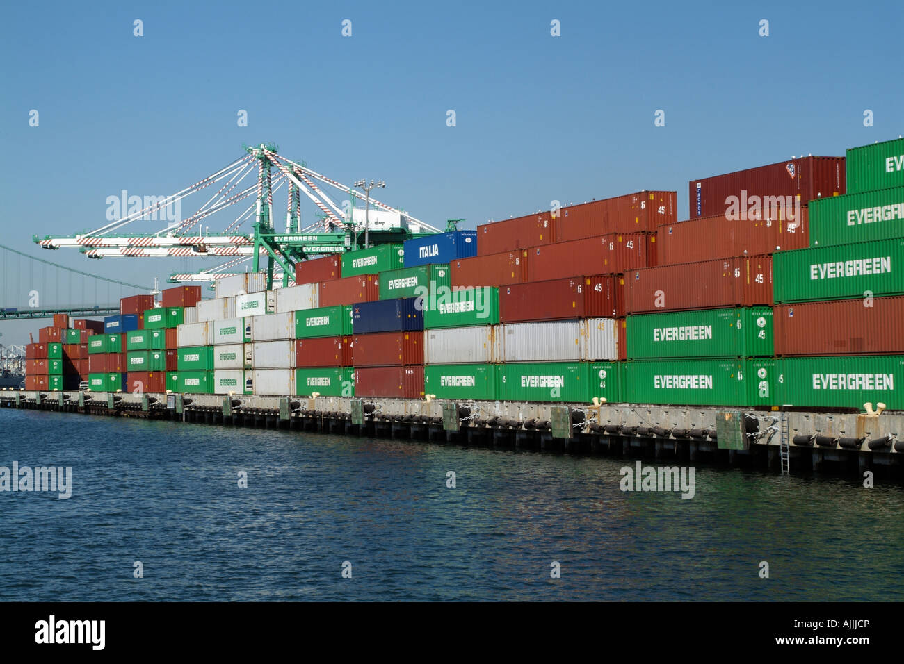 Stacked Container Boxes on the Quay at the Evergreen Terminal Port of Los Angeles California USA Stock Photo