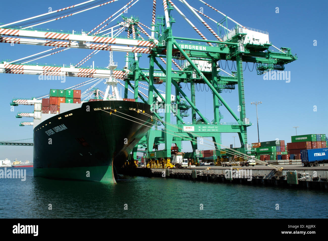 The container vessel Ever Urban alongside the Evergreen Container terminal in the Port of Los Angeles California USA Stock Photo