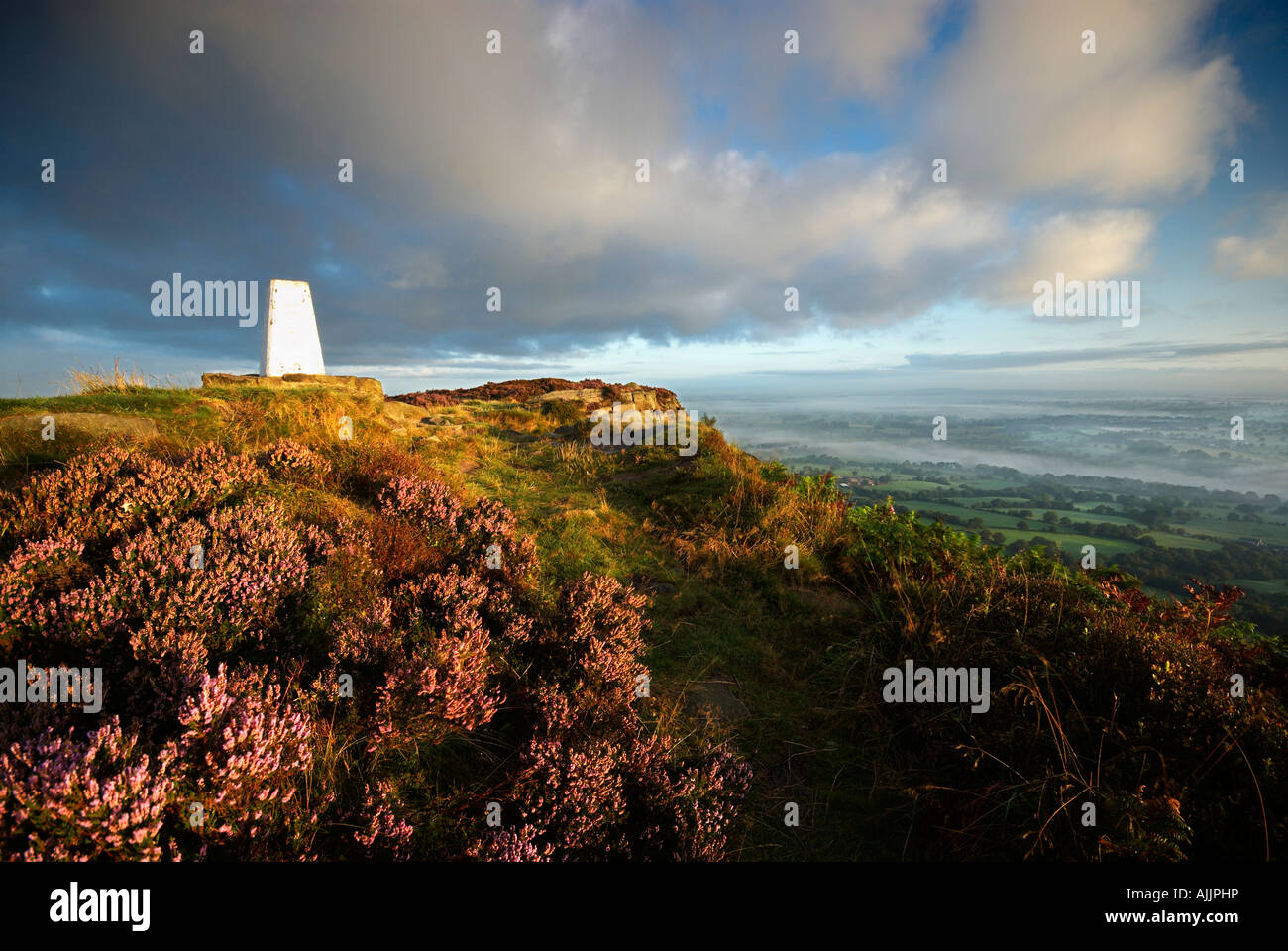 The Survey Point Surrounded By Heather Cloudside Bosley Cloud Cheshire UK Stock Photo