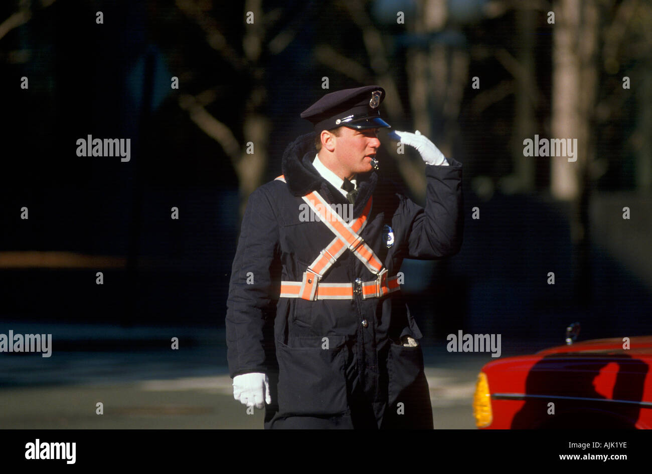 Police officer directing traffic in Boston Stock Photo