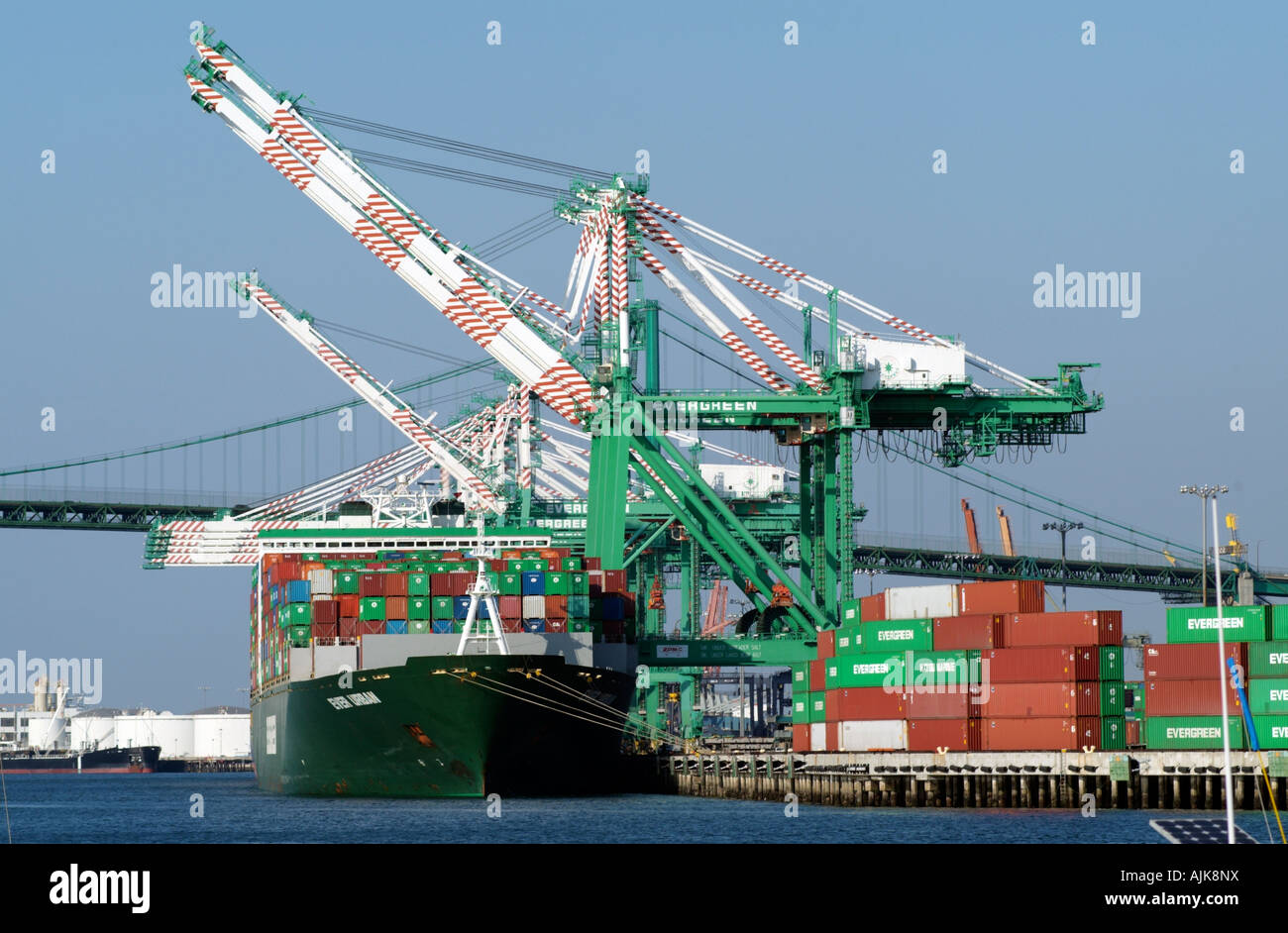 Evergreen Container Terminal Port of Los Angeles California USA Alongside loading is the Ever Urban container ship Stock Photo