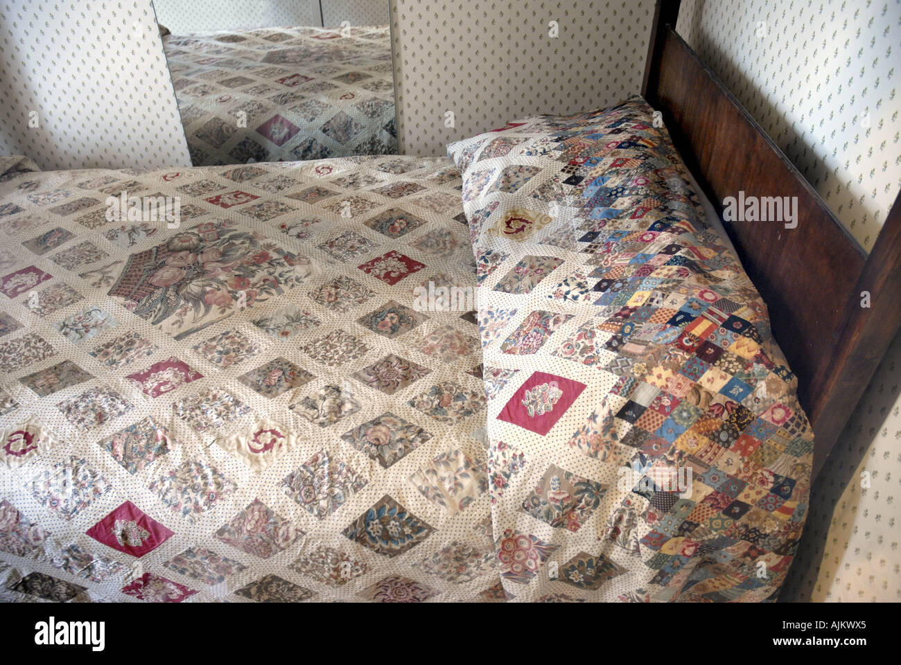 Patchwork coverlet or quilt made by Jane Austen and her mother and sister Cassandra between 1810 and 1812 at her house at Chawto Stock Photo