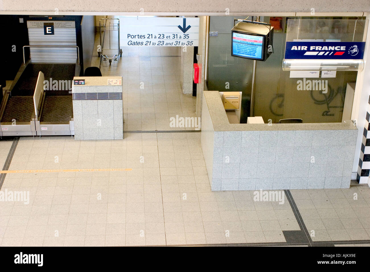 empty desk of boarding cause strike in french airport  Stock Photo