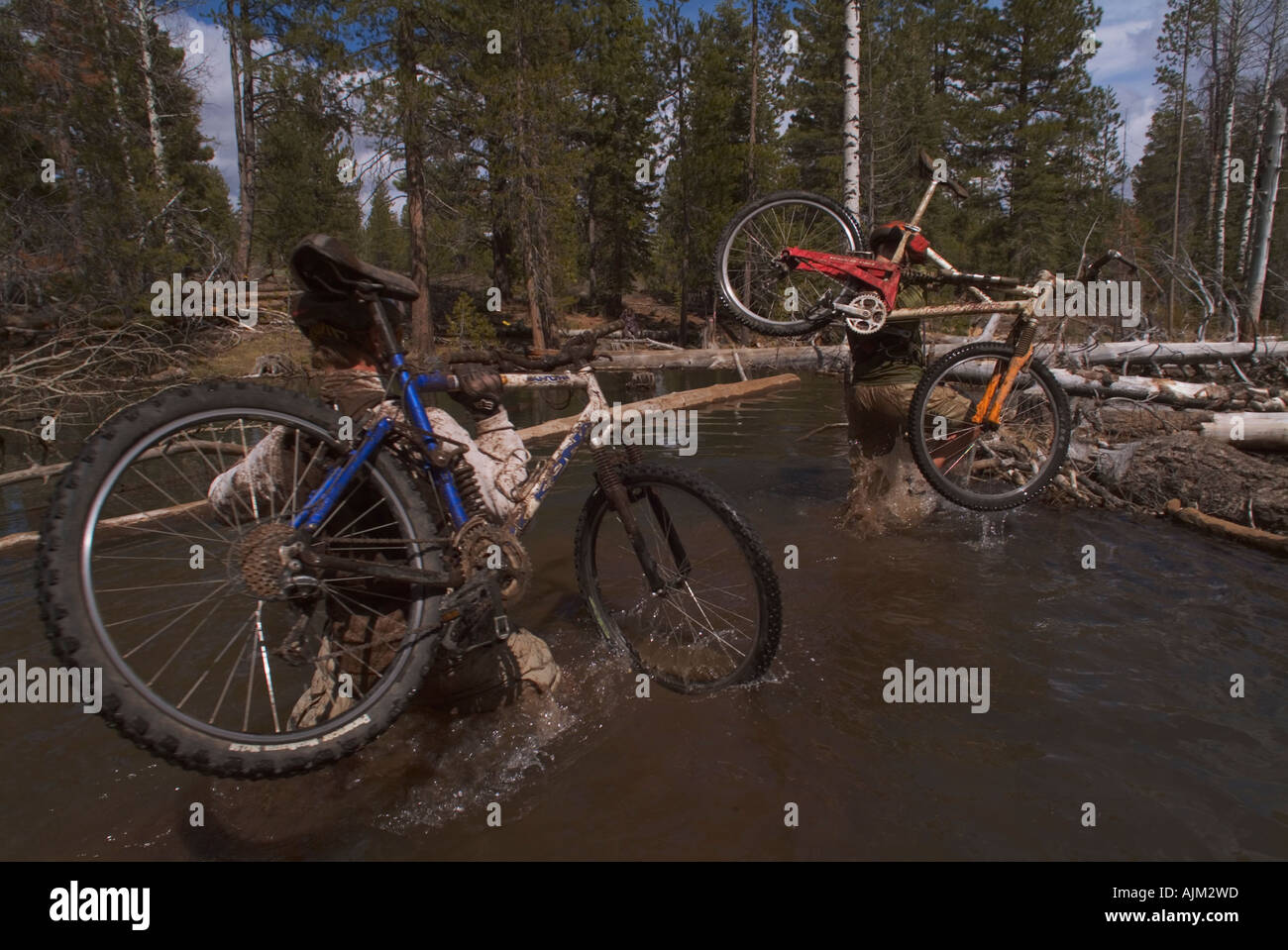 Two men carrying their mountain bikes across a pond while mountain