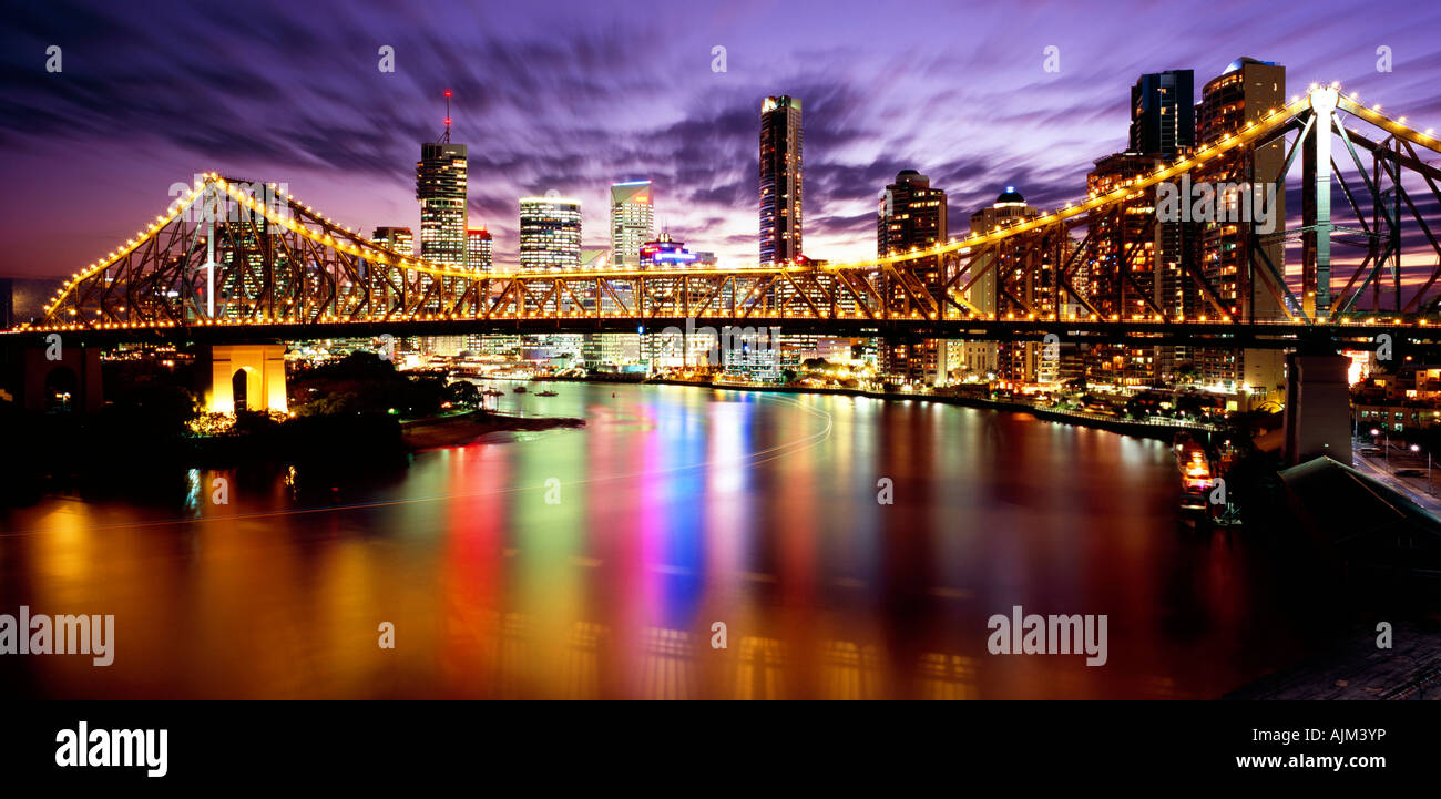 The Beauty of Story Bridge and Brisbane is revealed as the day closes and night unfolds on the Brisbane River. Qld Australia Stock Photo