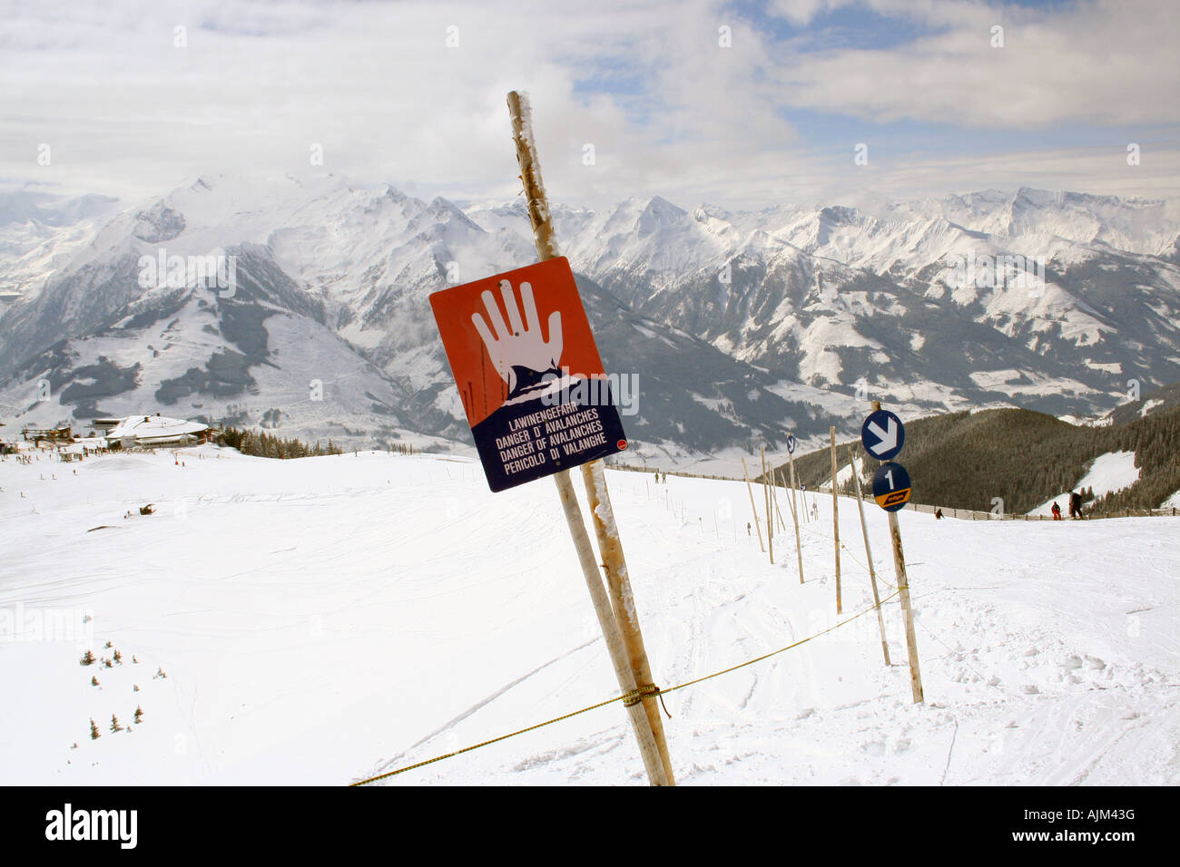Avalanche warning sign on Schmittemhohe mountain in resort of Zell am See in Austrian Alps. Stock Photo