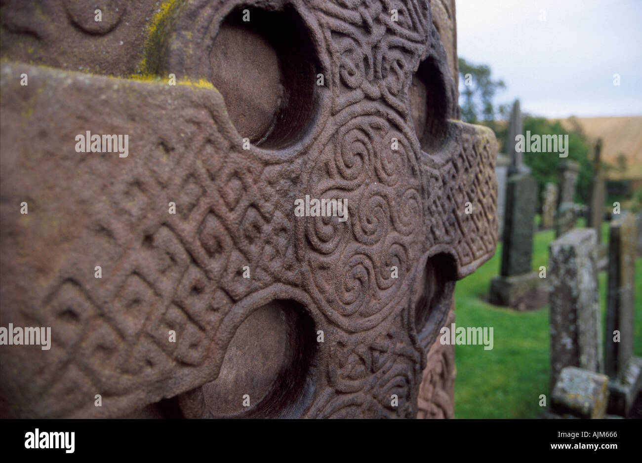 The Aberlemno Church stone is a Celtic cross depicting mixed Christian and Pictish symbols is thought to date from 550AD 850AD Stock Photo