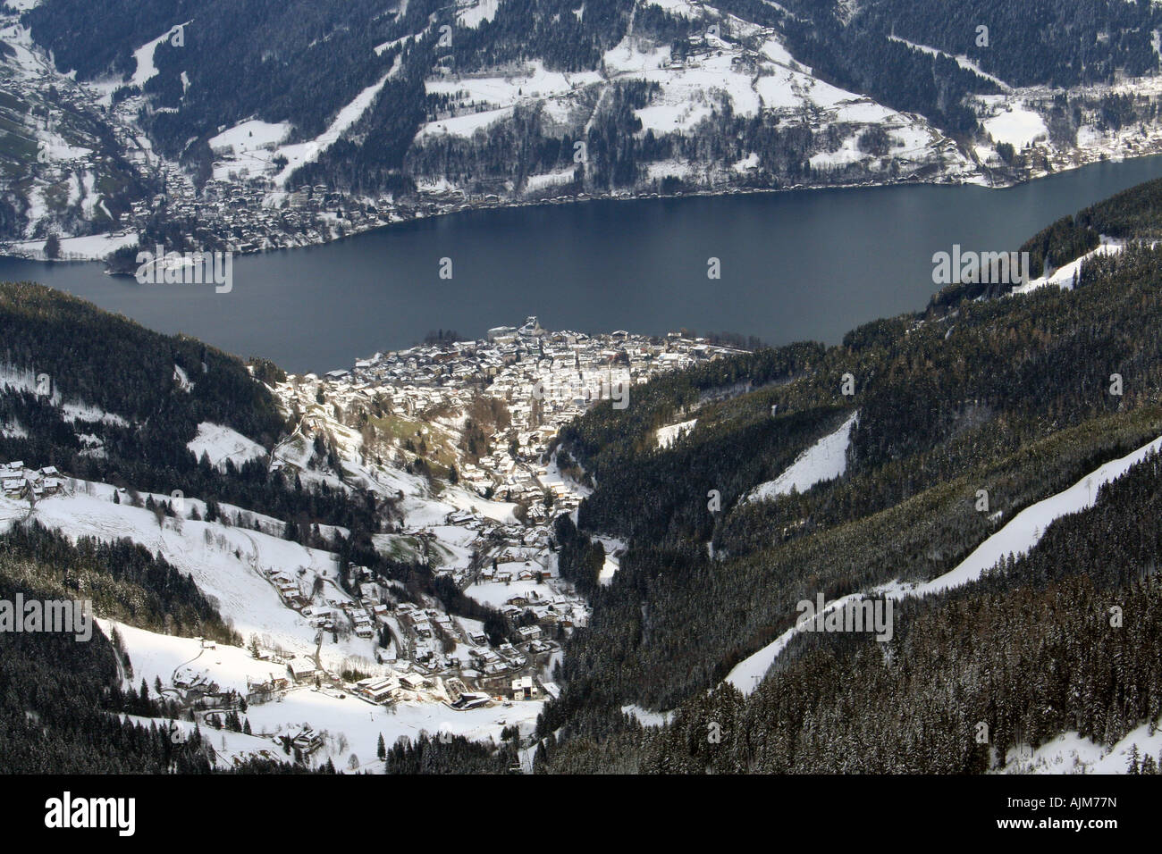 A general view of the ski resort of Zell amd See in Austria, seen from the Schmittenhohe mountain in winter Stock Photo