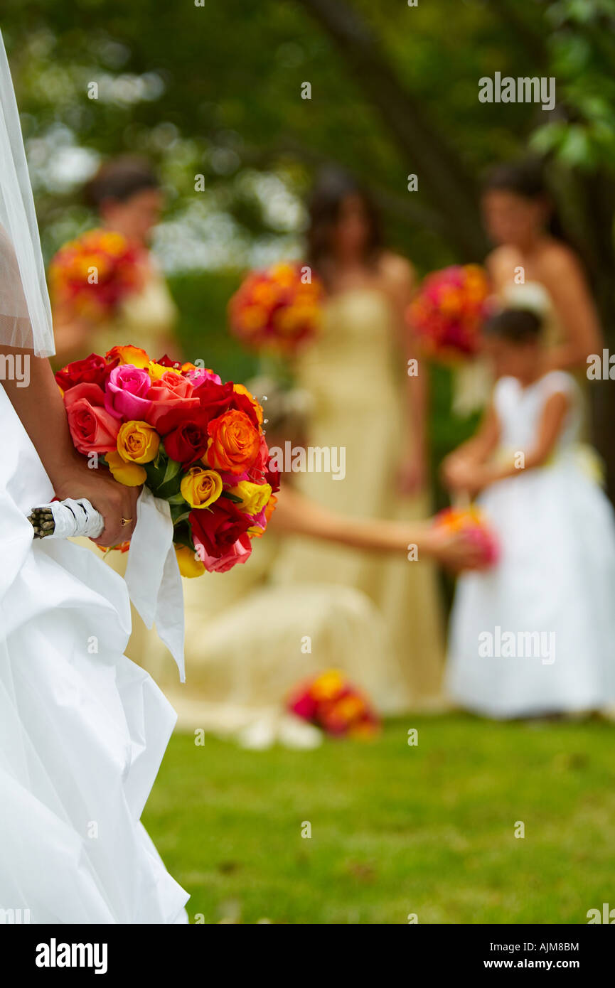 the wedding day - bridesmaids and flowergirls seen in distance while a bride in foreground holds her bouquet of roses Stock Photo