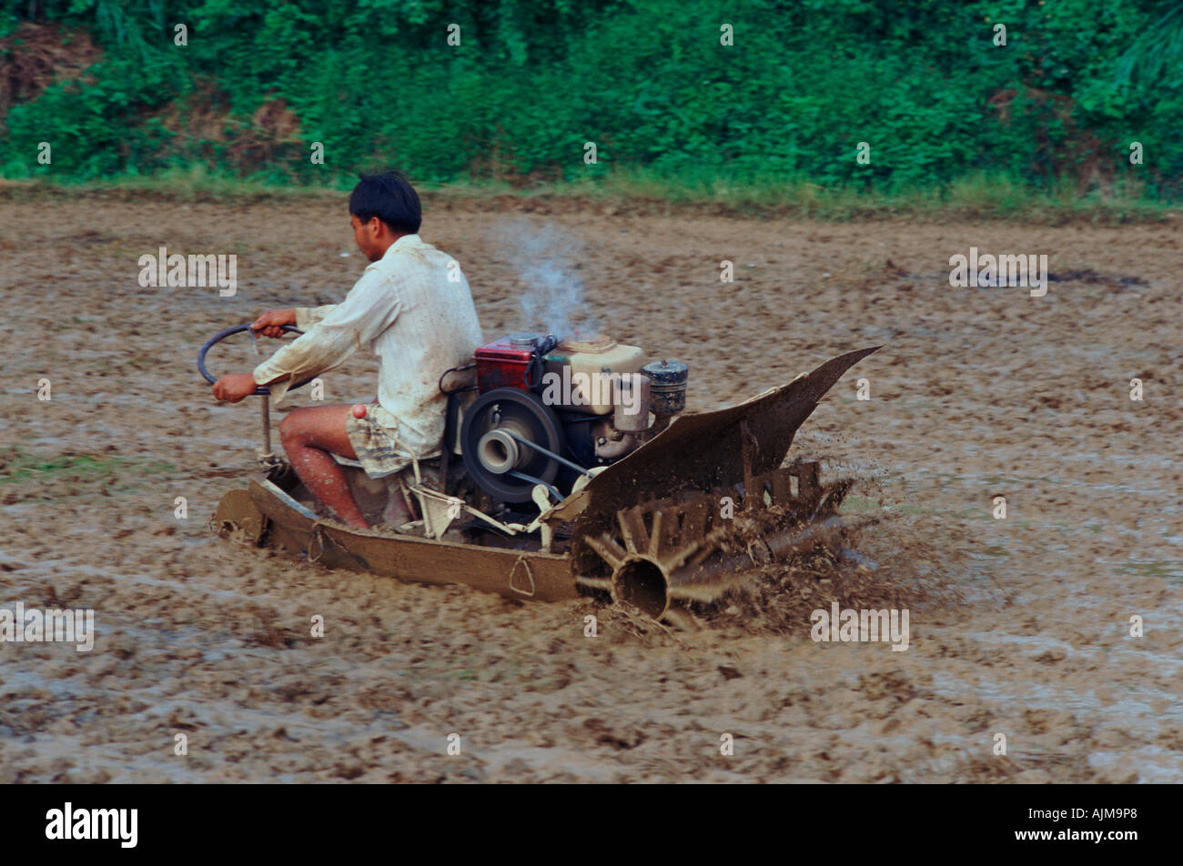 Chinese farmer turning over wet soil with modern tiller to prepare for rice transplanting Xiangtan Hunan China Stock Photo