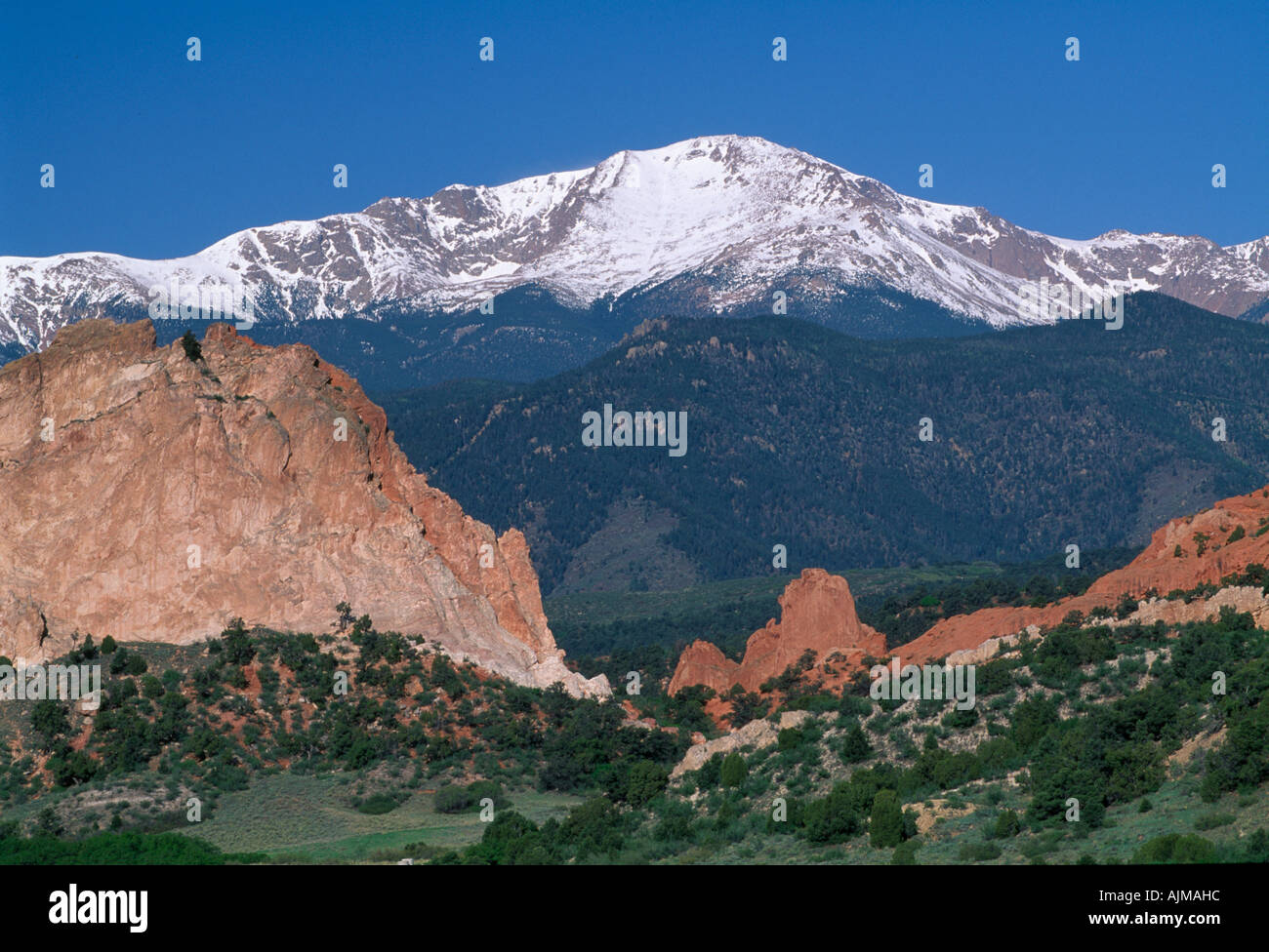 View of snowcapped Pikes Peak from Garden of the Gods near