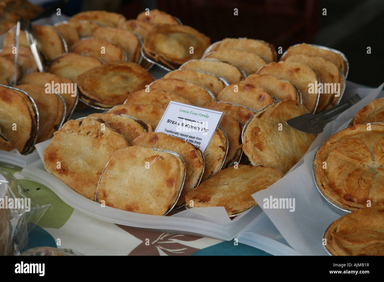 Pie display at Abergavenny farmers market, Wales Stock Photo - Alamy