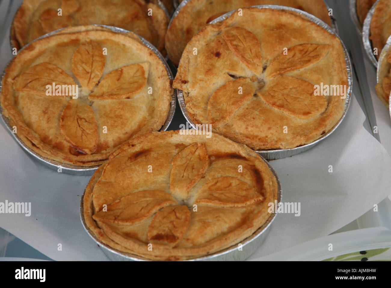 Pie display at Abergavenny farmers market, Wales Stock Photo - Alamy