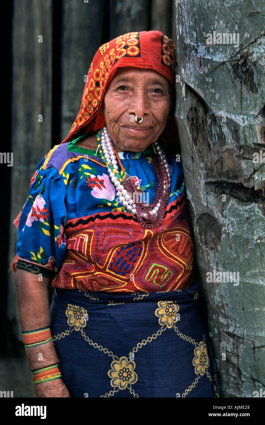 Kuna Indian woman in traditional mola dress Bayano Lake Region Panama