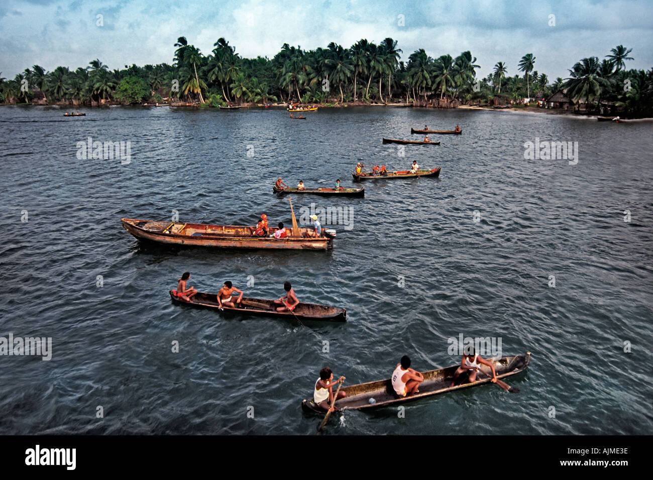 Kuna Indians in dugout canoes near their village San Blas Islands Panama Central America Stock Photo