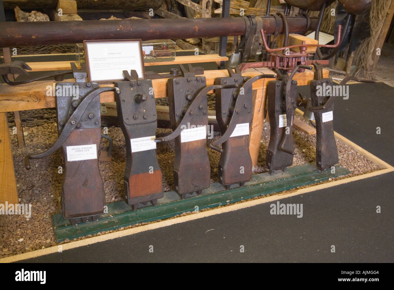 Matakohe New Zealand Kauri Museum timber jacks used for moving trees Stock Photo