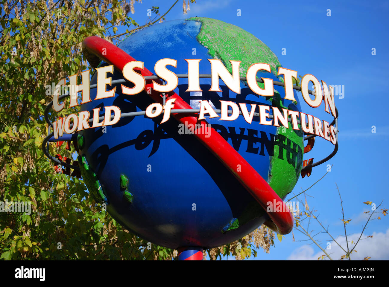 Entrance globe sign, Chessington World of Adventures Theme Park, Chessington, Surrey, England, United Kingdom Stock Photo
