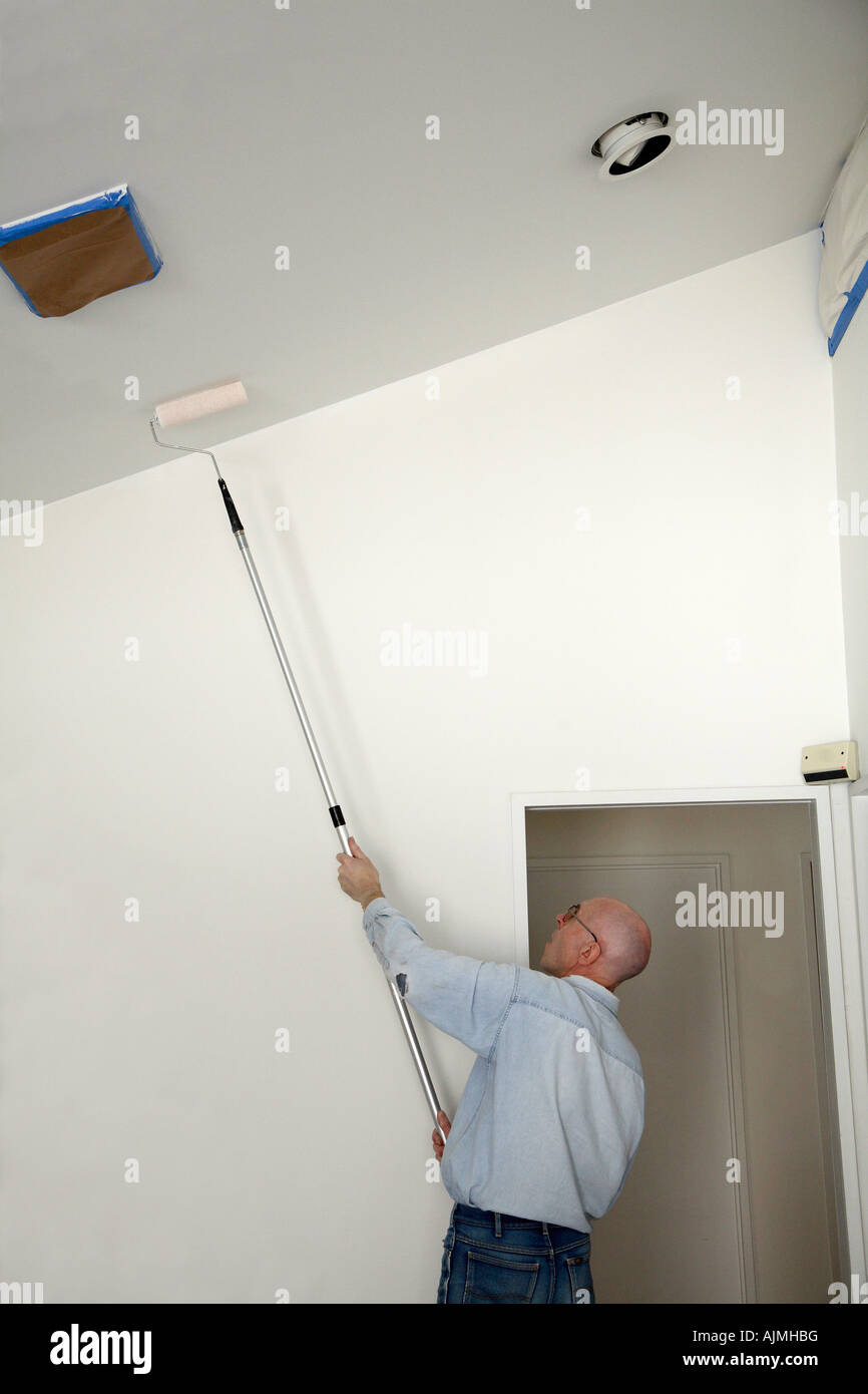 Man from just below waist up with paint roller on a long pole reaching