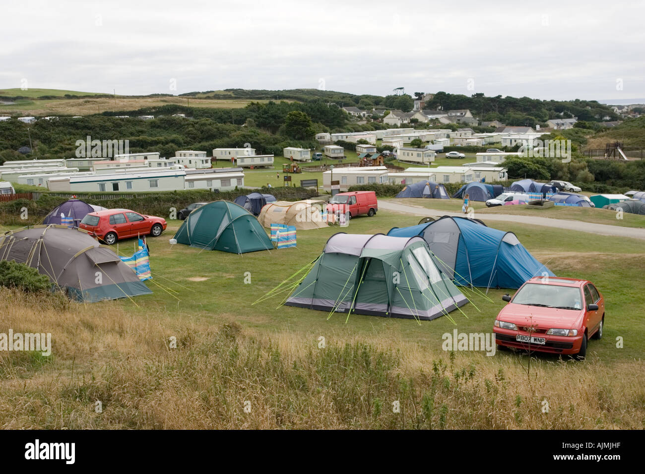 Holiday tents and static caravans on cliffs of North Morte Farm