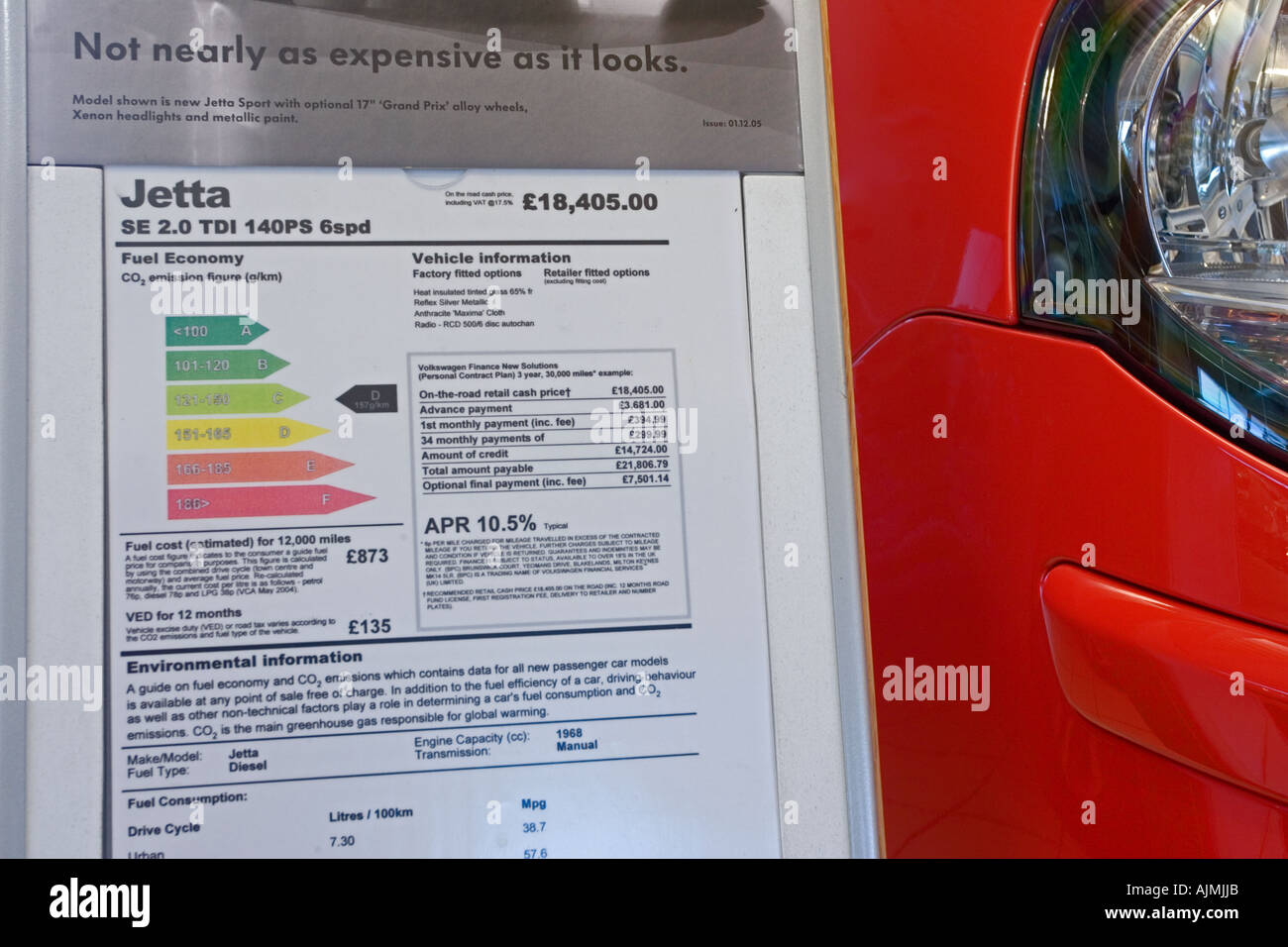 Fuel efficiency rating chart on display by new VW Jetta car at point of
