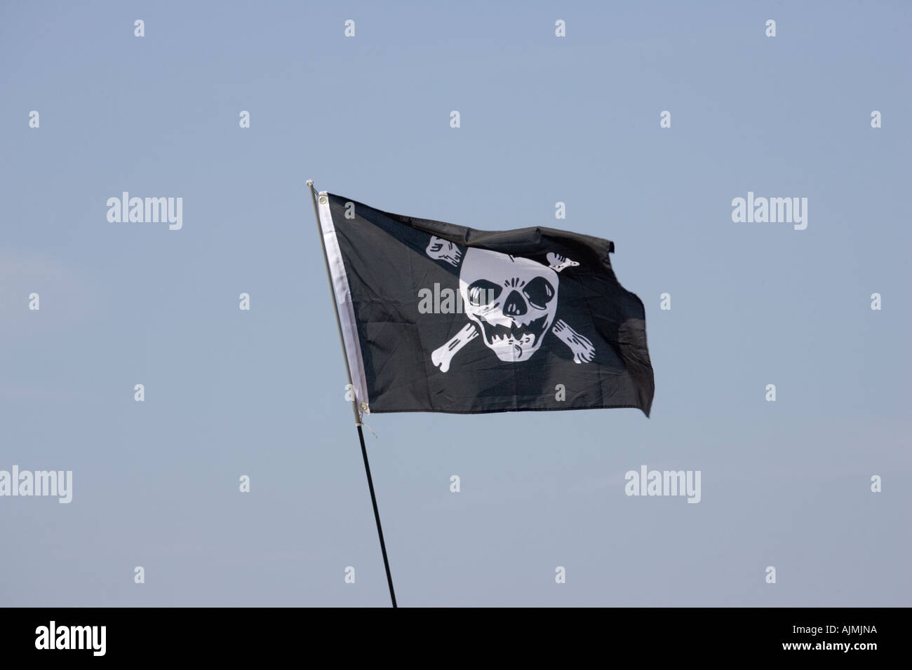 Black and white skull and crossbones flag flying on beach
