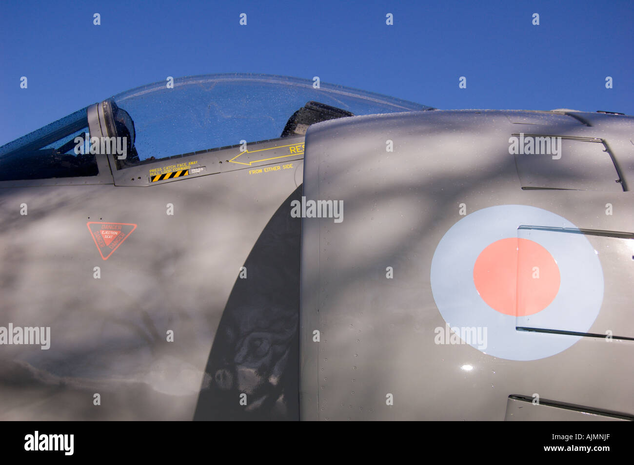 Sea Harrier cockpit against blue sky. Stock Photo