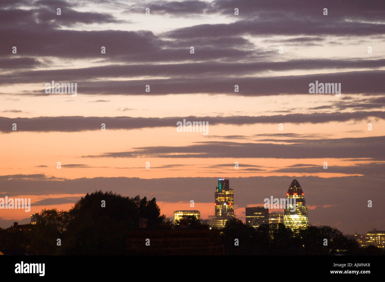 London skyline just after sunset - Gherkin and Tower 42 Stock Photo