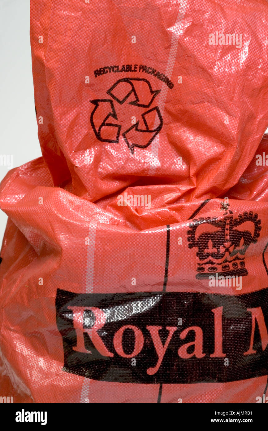 Recyclable Packaging Logo on Red Royal Mail Post bag Stock Photo Alamy