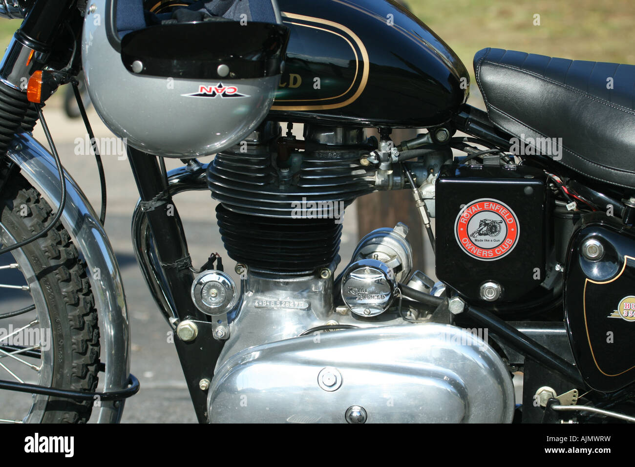 motorbike, bike, legend, symbolic, speed, biker, brand, logo, moto, engine, tank, white royal enfield 350 bullet Stock Photo