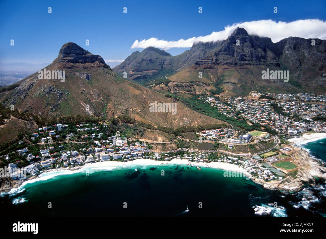 An aerial view of the Atlantic seaboard of the city of Cape Town showing Clifton beaches, Lion's Head and some of Camps Bay. Stock Photo
