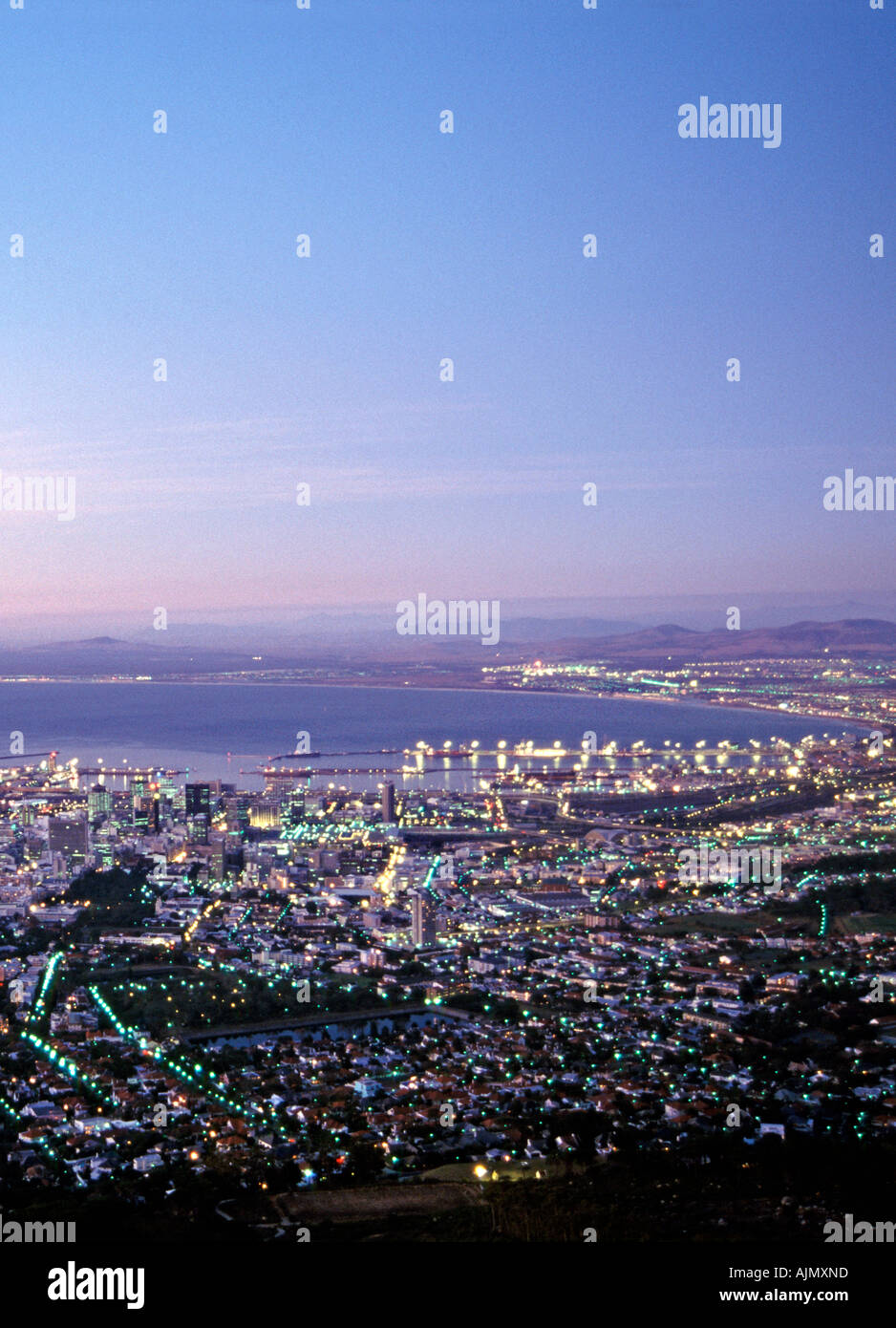 Dusk view of the city of Cape Town and Table Bay in South Africa. Stock Photo