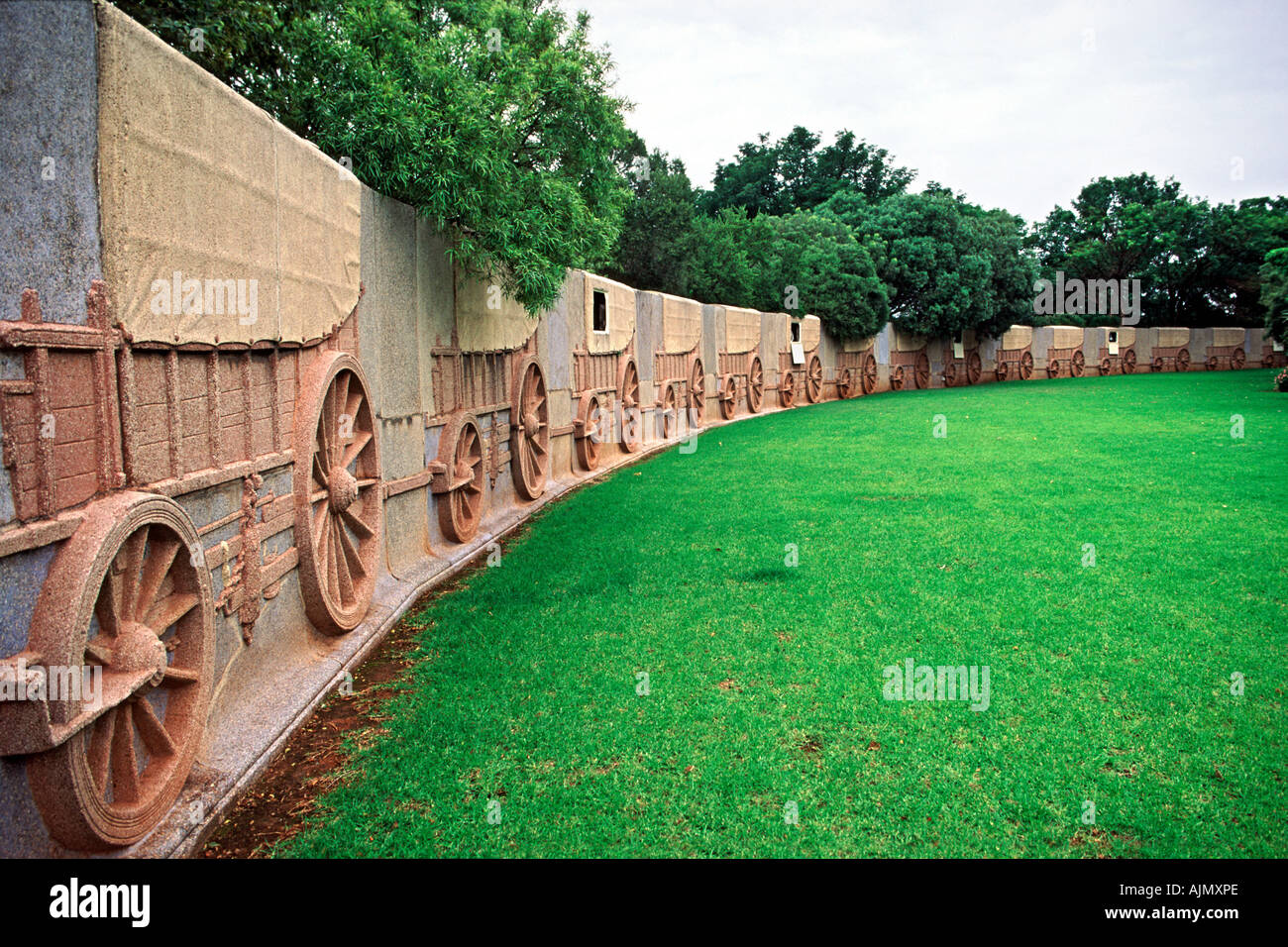 Carvings of wagons in a protective circular formation at the Voortrekker Monument in Pretoria in South Africa. Stock Photo