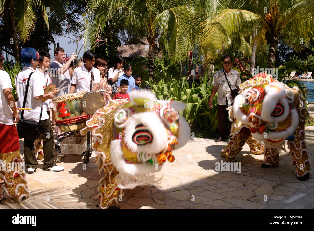 Chinese Malaysians perform the Southern Lion Dance on Chinese new year. Batu Ferringhi, Penang Island, Malaysia. Stock Photo