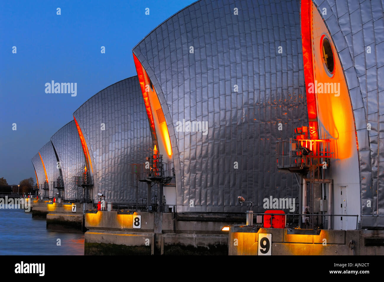 thames barrier detail at night evening dusk london england uk europe ...