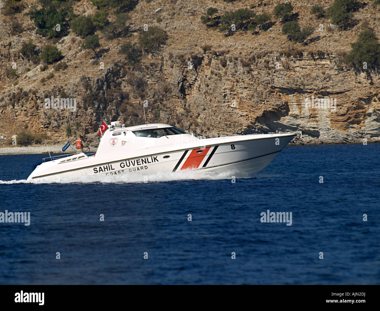 COAST GUARD MOTOR PATROL BOAT ON PATROL NEAR MARMARIS TURKEY Stock ...