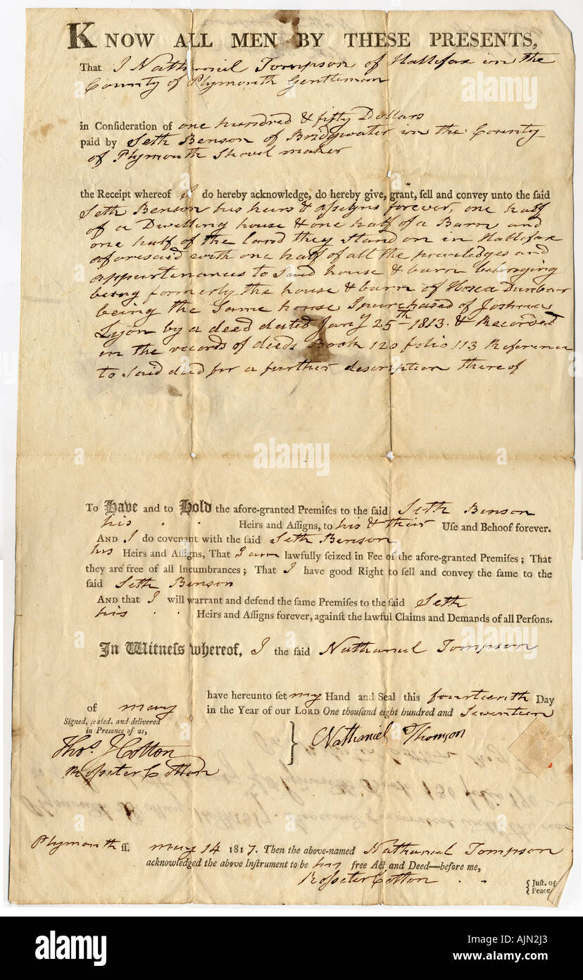 1817 land deed from Halifax MA USA in Plymouth County Stock Photo Alamy