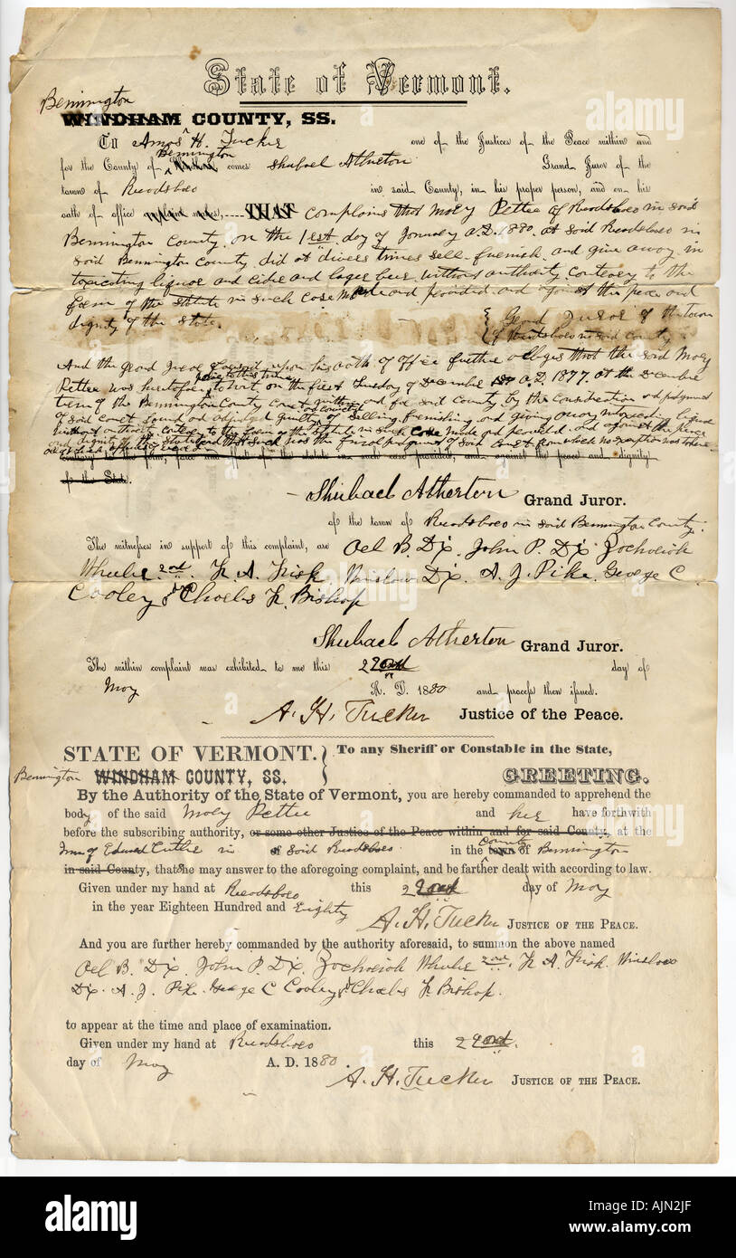 1880 arrest warrant from Readsboro, Vermont, USA, Bennington County. Stock Photo